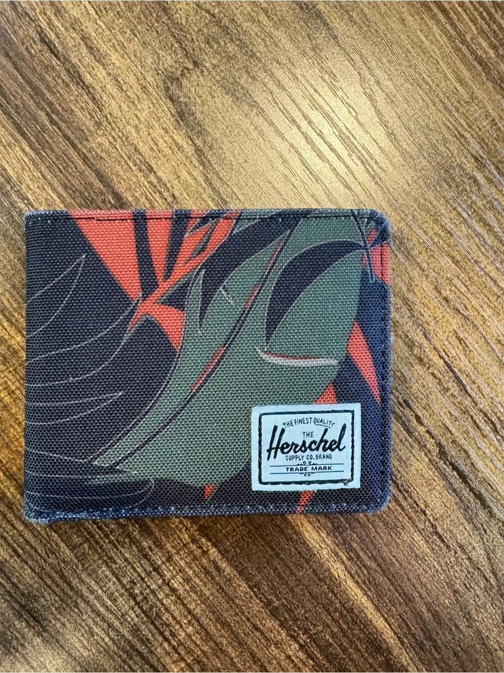 Herschel Supply Company Green & Red Canvas Bifold Wallet with Leaf Print